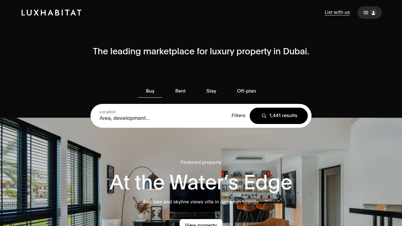 The homepage of Luxhabitat, a luxury real estate brokerage in Dubai.