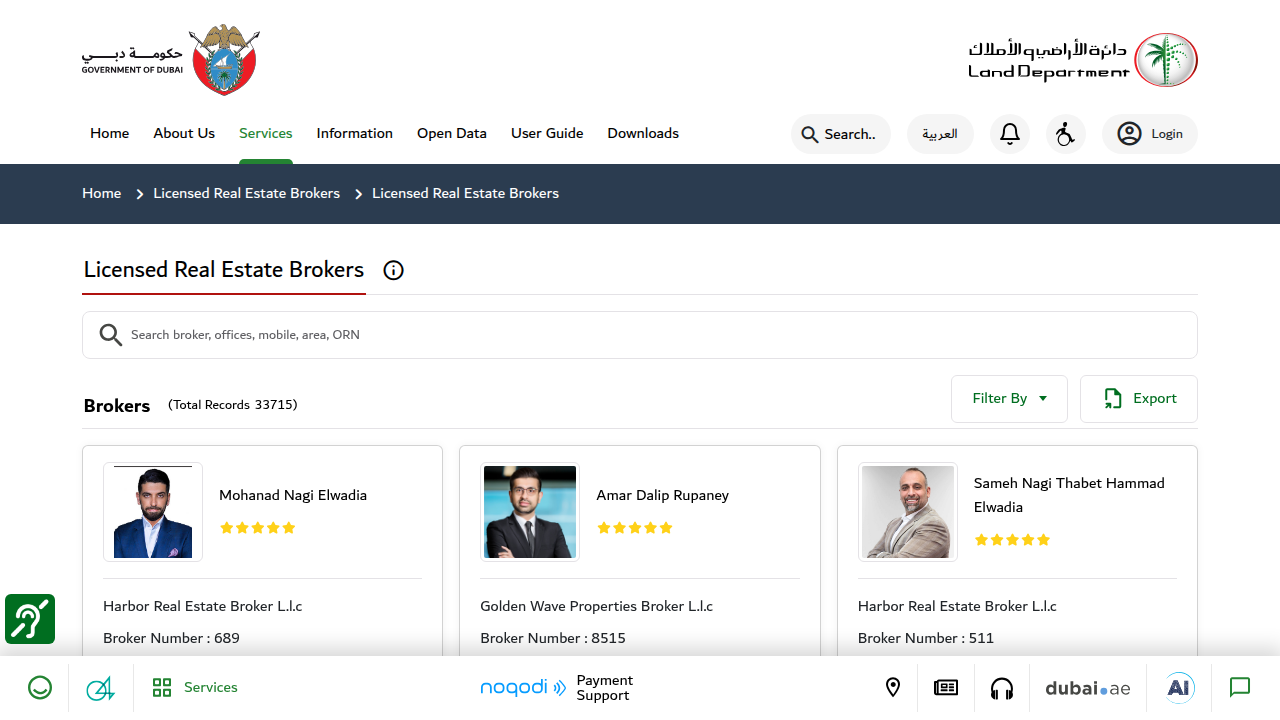 The Dubai Land Department's e-service allows users to verify licensed real estate brokers and offices.