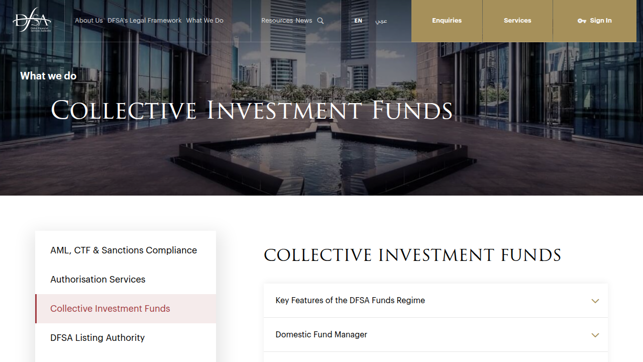The DFSA website showing regulatory oversight for collective investment funds, including REITs.