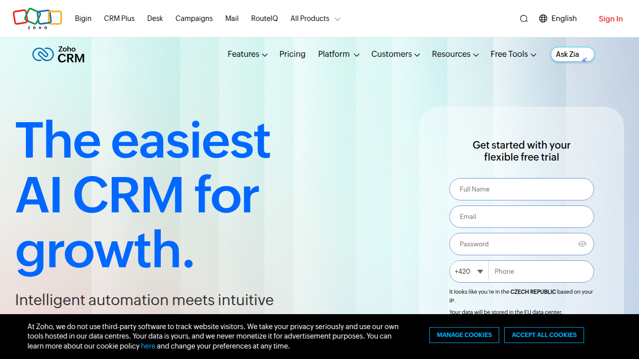 A screenshot of the Zoho CRM platform, a customizable and budget-friendly option for managing client relationships in real estate.