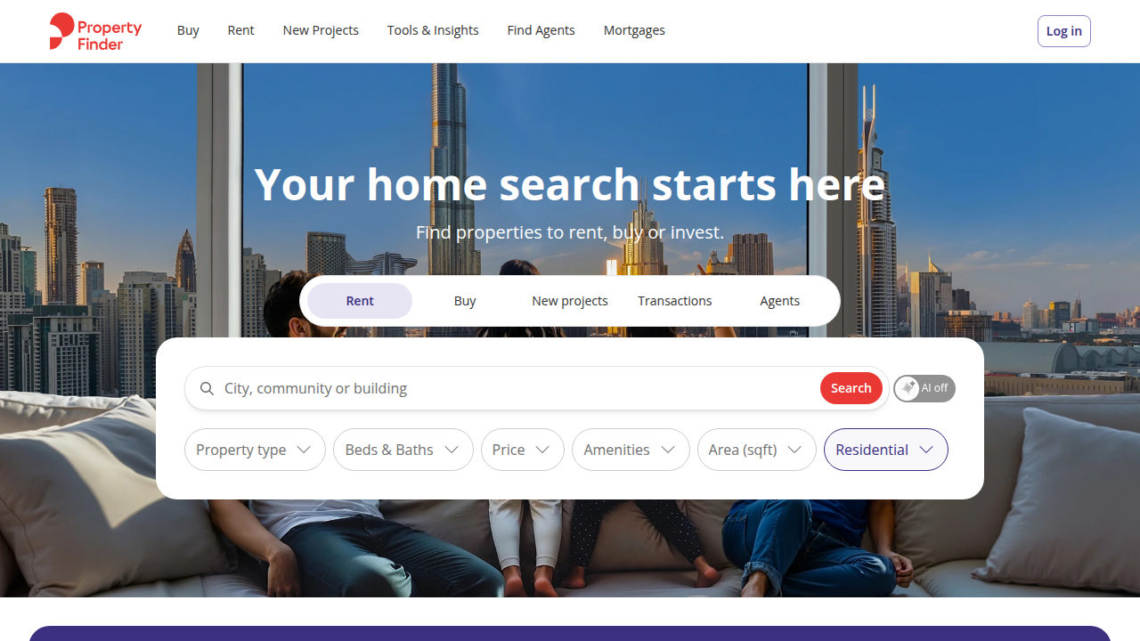 The Property Finder website, a leading platform for real estate listings and investment opportunities in Dubai.