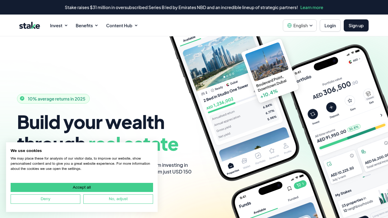 Screenshot of Stake, a platform enabling fractional real estate investment in Dubai with low entry points.