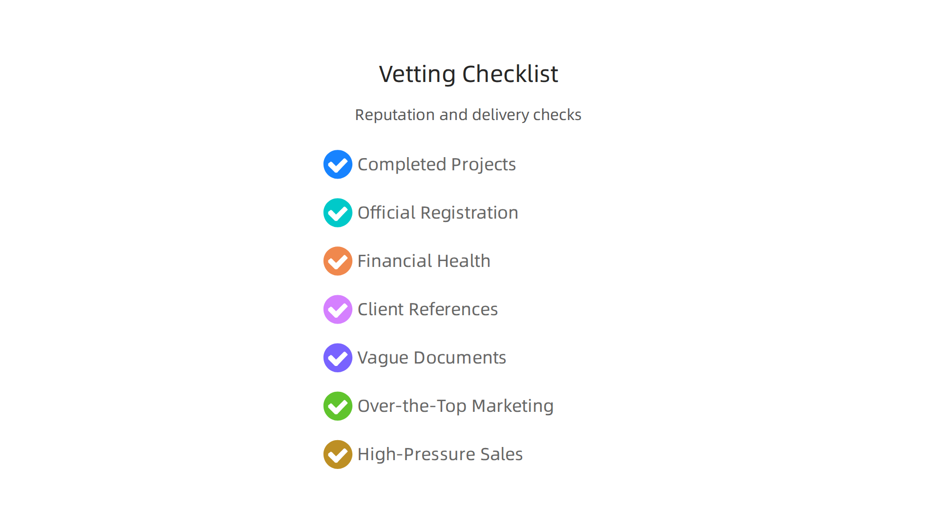 A checklist infographic outlining crucial steps for vetting developers and projects before investing in off-plan properties.