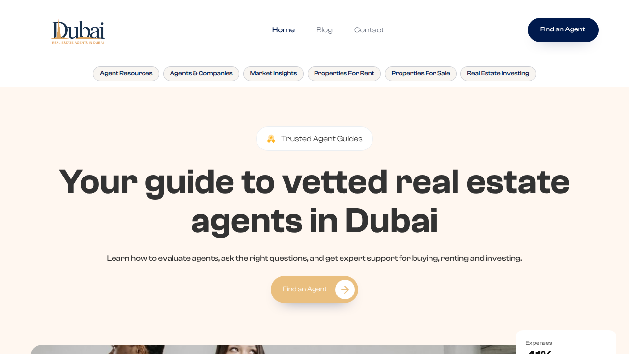 A screenshot of RealEstateAgentsInDubai.org, a resource for finding properties and agents in Dubai.
