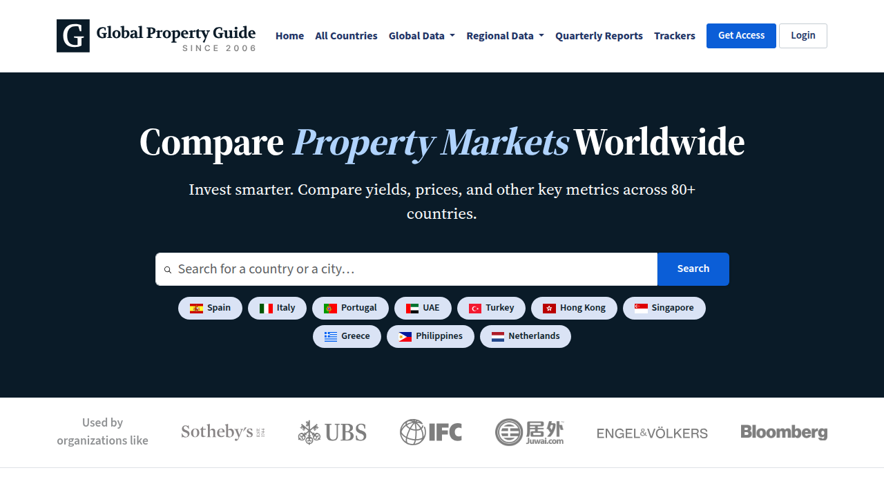 Homepage of Global Property Guide, offering insights into international rental yields and real estate markets.