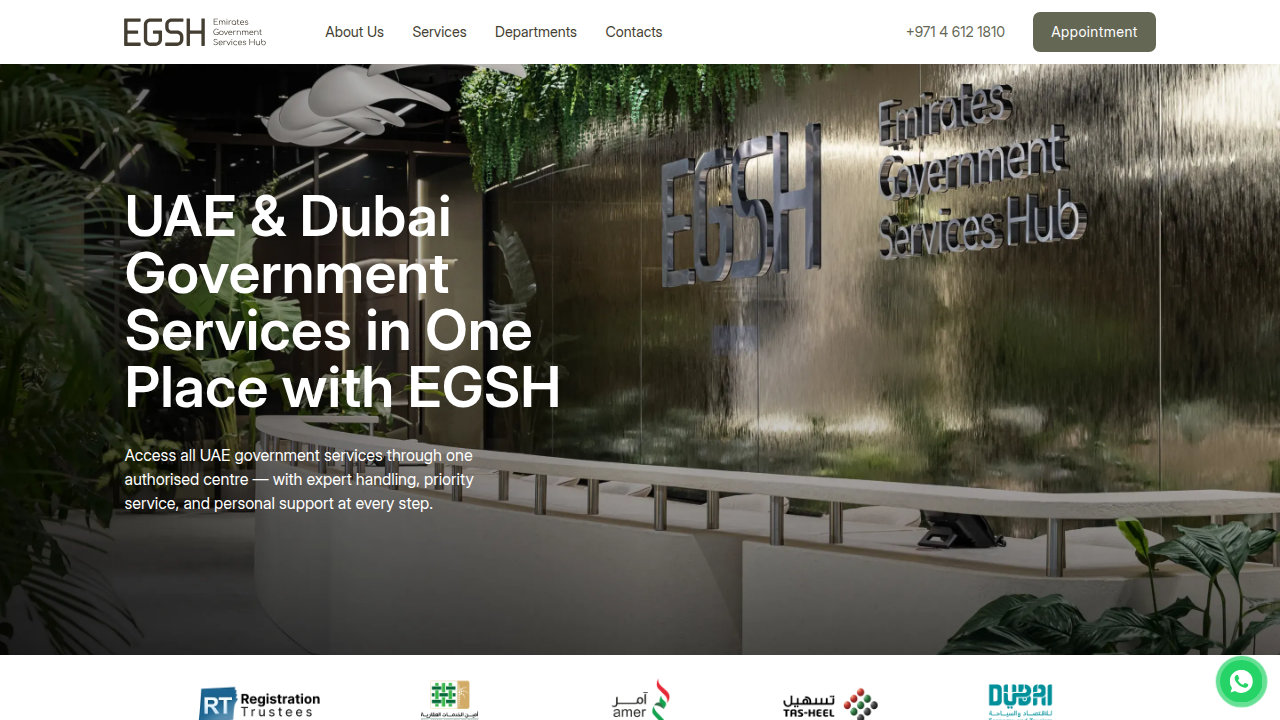 Screenshot of the EGSH homepage, offering services for real estate activity licensing in Dubai.
