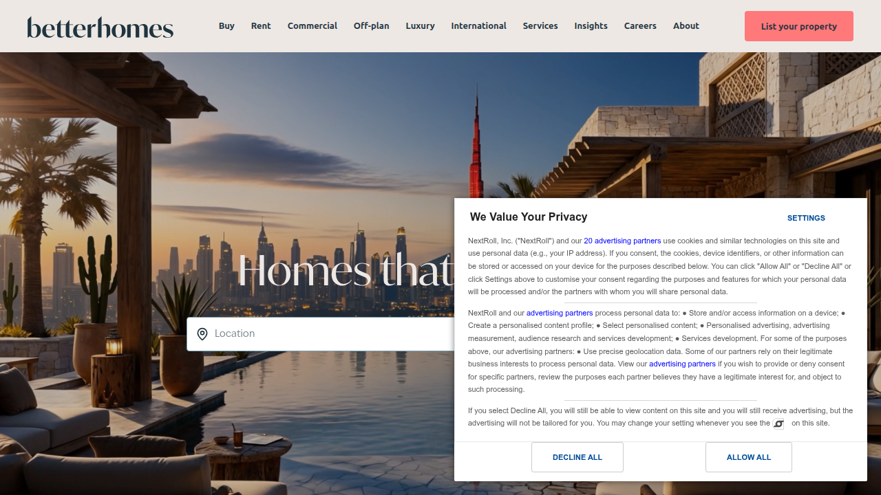 Screenshot of the Betterhomes website, a key real estate agency in Dubai.