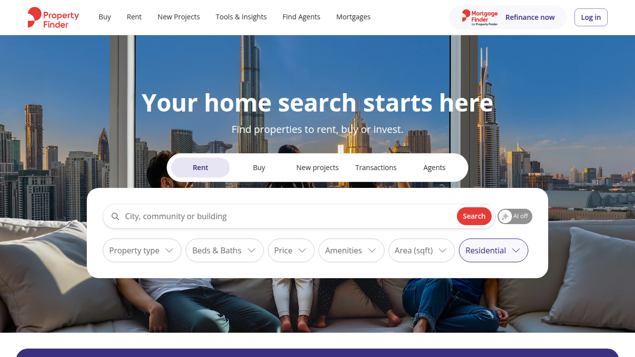 A screenshot of a leading Dubai real estate portal, showcasing property listings and services relevant to buyers and renters.